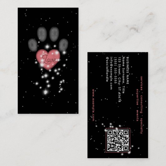 Starlight Pink Heart Paw Print Pet Sitter Schwarz Visitenkarte (Vorne/Hinten)