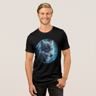 Starlit Blue-Eyed Wolf Galaxy Print Tri-Blend Shirt