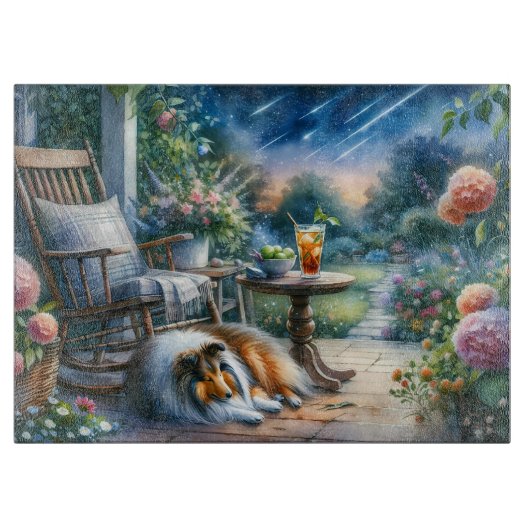 Starlit Garden Porch Sheltie Dream Schneidebrett (Vorderseite)