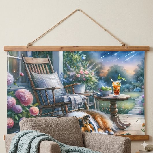 Starlit Garden Porch Sheltie Dream Wandteppich Mit Holzrahmen
