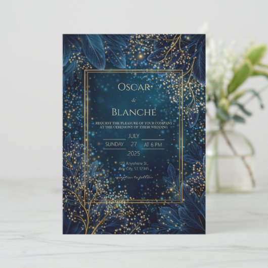 Starlit Navy Gold Botanical Wedding Einladung (Stehend Vorderseite)