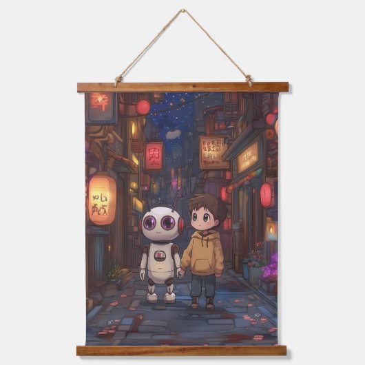 Starlit Stroll: Ein Junge und sein Roboter-Freund Wandteppich Mit Holzrahmen (Vorderseite)