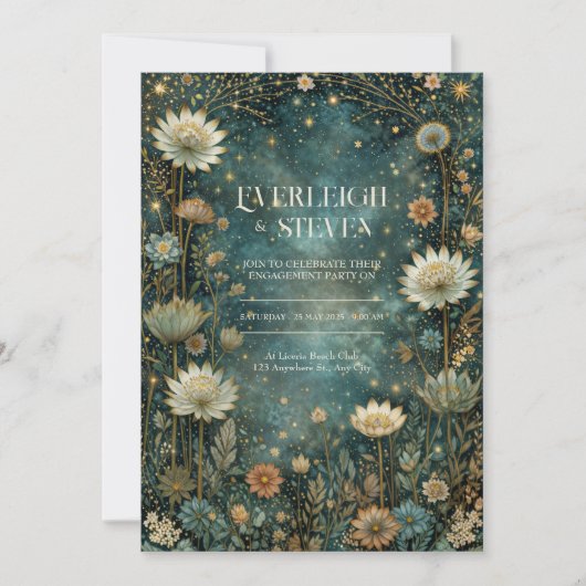 Starlit Teal Celestial Astrantia Wedding Einladung (Vorderseite)