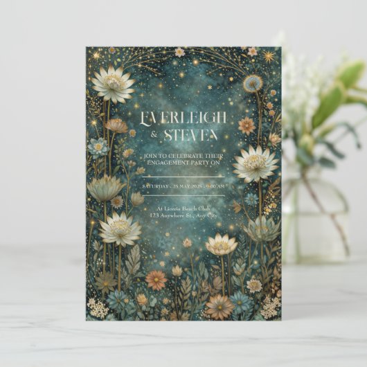 Starlit Teal Celestial Astrantia Wedding Einladung (Stehend Vorderseite)