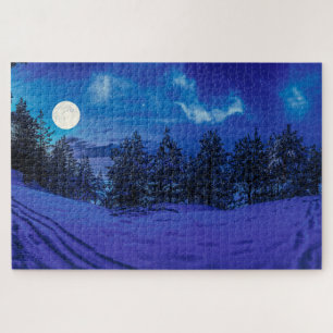 Starre Nacht mit Vollmond im Wald Puzzle