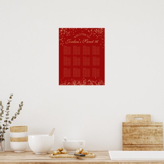 Starry 12 Table Seating Chart Red Poster (Küche)