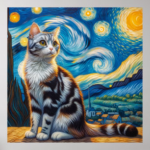 Starry American Bobtail Cat Portrait Poster