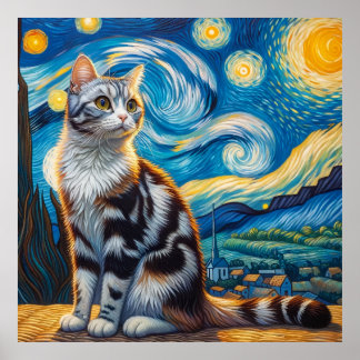 Starry American Bobtail Cat Portrait Poster