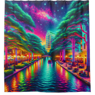 "Starry Aurora: San Antonio Riverwalk Nightscape" Duschvorhang