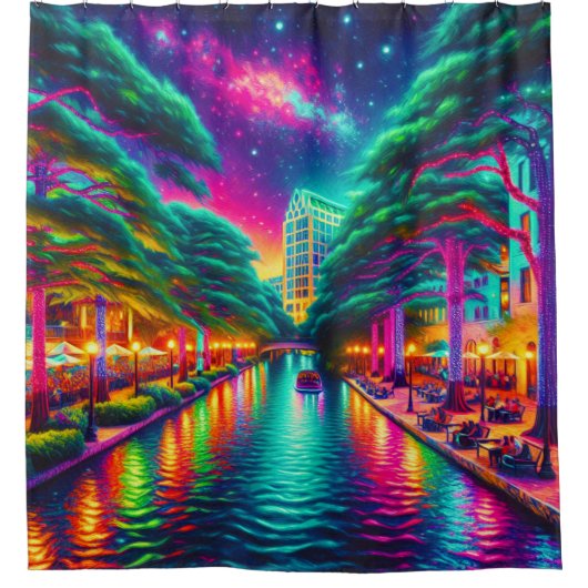 "Starry Aurora: San Antonio Riverwalk Nightscape" Duschvorhang (Vorderseite)