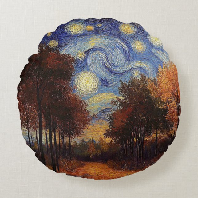 Starry Autumn Forest – Artistic Round Pillow Rundes Kissen (Vorderseite)