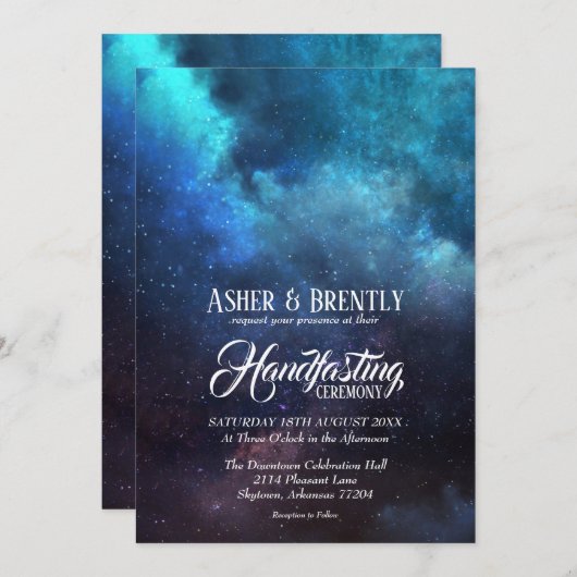 Starry Blue Nebel Modernes Wicca Handfasten Einladung (Vorne/Hinten)