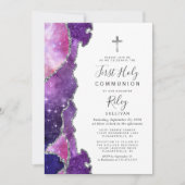 Starry Blue Pink Agate Silver Erste Heilige Kommun Einladung (Vorderseite)