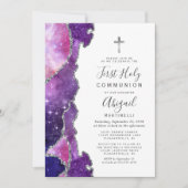Starry Blue Pink Agate Silver Erste Heilige Kommun Einladung (Vorderseite)