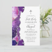 Starry Blue Pink Agate Silver Erste Heilige Kommun Einladung (Stehend Vorderseite)