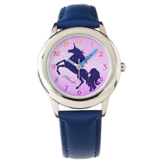 Starry Blue Unicorn auf Rosa Armbanduhr (Vorderseite)