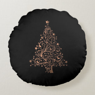 Starry Christmas Tree Black Brown Copper Elegante Rundes Kissen