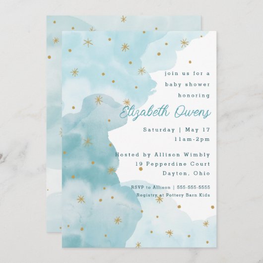 Starry Clouds - Blue-Baby Dusche Einladung (Vorne/Hinten)