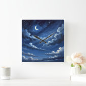 Starry Crescent Sky Poster - Illustration Style Quadratische Wanduhr (Zuhause)