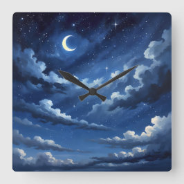 Starry Crescent Sky Poster - Illustration Style Quadratische Wanduhr