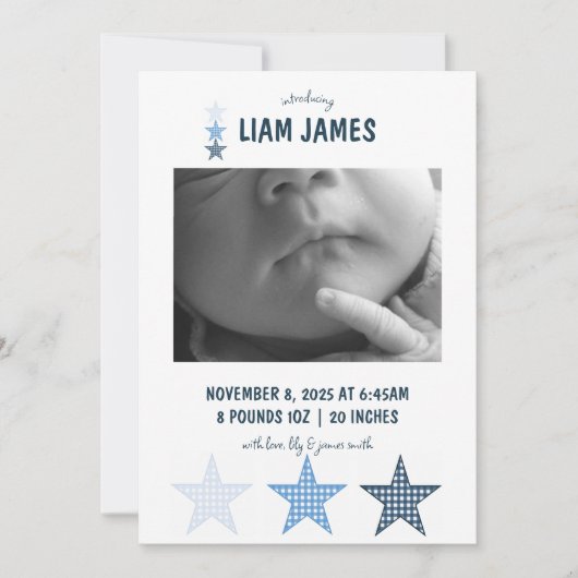 Starry Gingham Baby Boy Birth Announcement Card Ankündigung (Vorderseite)