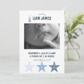 Starry Gingham Baby Boy Birth Announcement Card Ankündigung (Stehend Vorderseite)