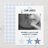 Starry Gingham Baby Boy Birth Announcement Card Ankündigung (Vorne/Hinten)
