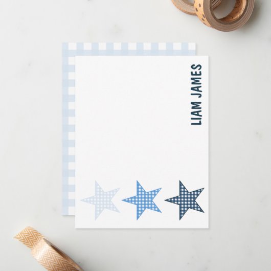 Starry Gingham Baby Boy Stationery Mitteilungskarte (Vorderseite/Rückseite Beispiel)