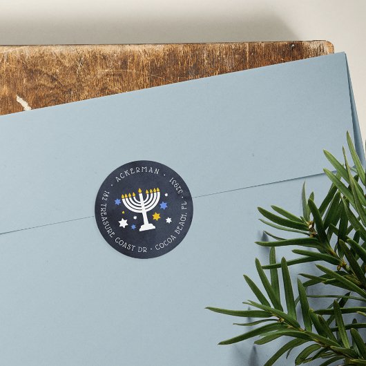 Starry Lights | Hanukkah-Rücksendeadresse Runder Aufkleber