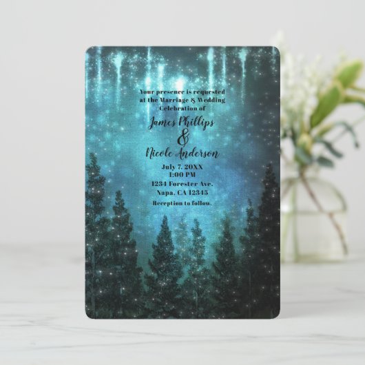 Starry Lights Rustic Pine Trees Country Wedding Einladung (Stehend Vorderseite)