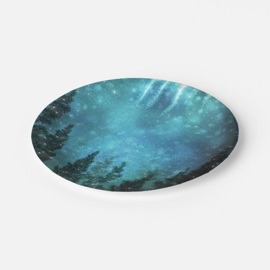 Starry Lights Rustic Pine Trees Country Wedding Pappteller (Schrägansicht)