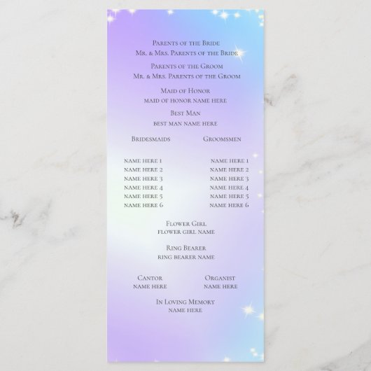 Starry Lila and Blue Sparkle Wedding Programm (Rückseite)