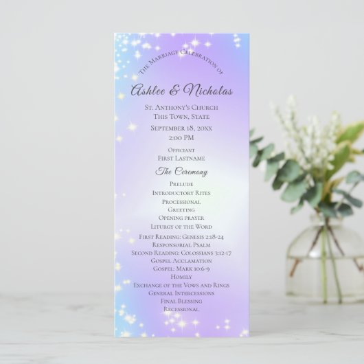 Starry Lila and Blue Sparkle Wedding Programm (Stehend Vorderseite)