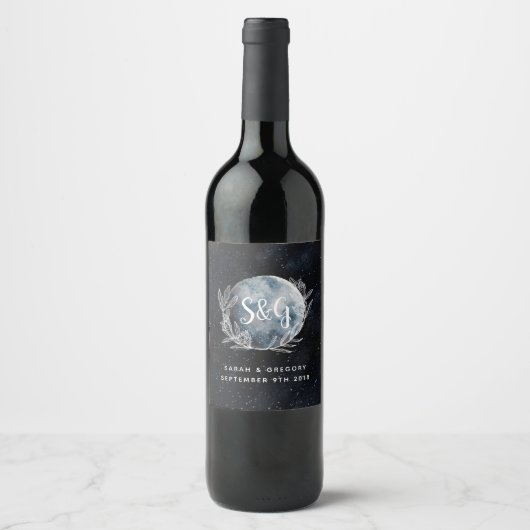 Starry Moonlit Night Monogram Wedding Wine Label Weinetikett (Vorderseite)