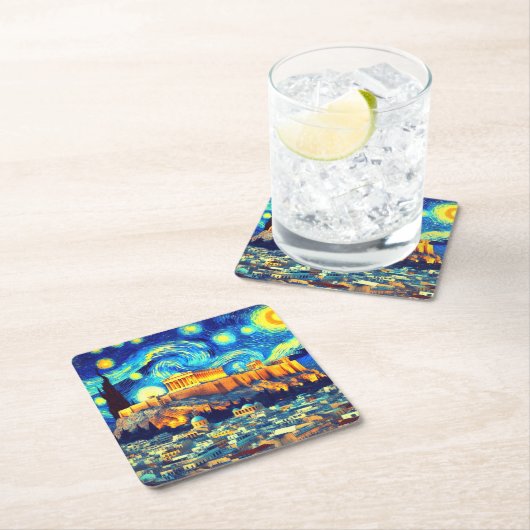 Starry Night Acropolis Athen Griechenland Rechteckiger Pappuntersetzer (Vor Ort)