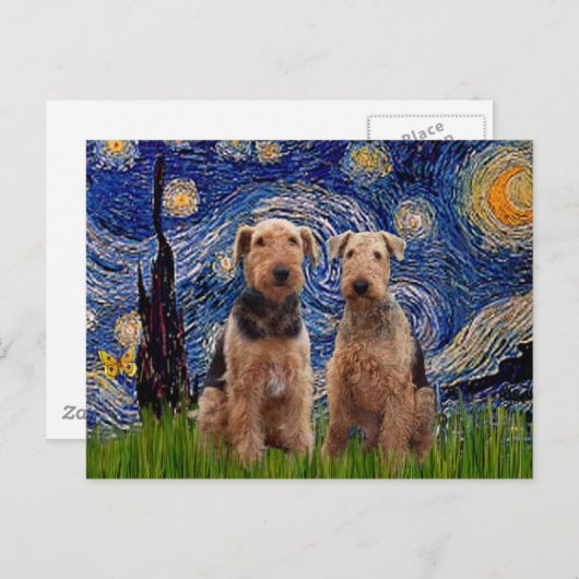 Starry Night - Airedale Terriers (zwei) Postkarte (Vorne/Hinten)