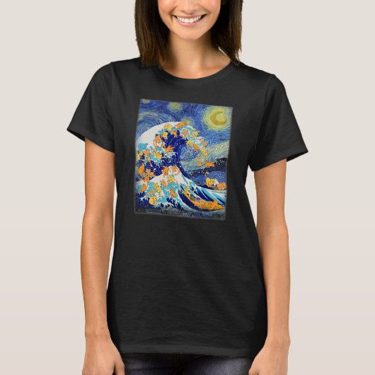 Starry Night and Great Wave Cat Cat Lover Cat Mom T-Shirt (Vorderseite)