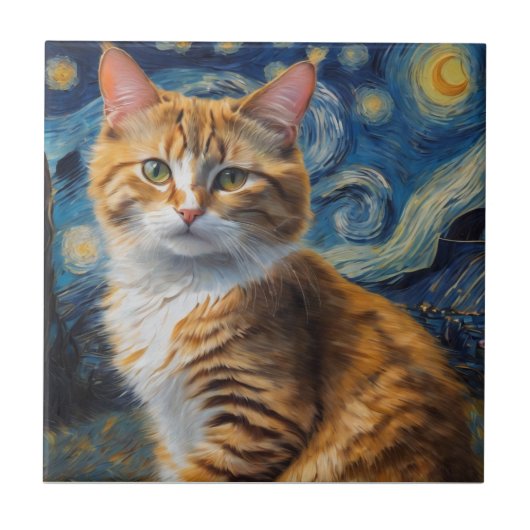Starry Night Art mit Katze Fliese (Vorderseite)