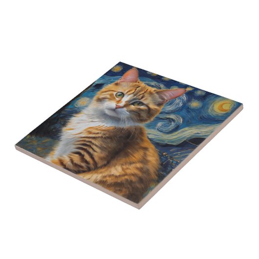 Starry Night Art mit Katze Fliese (Seite)
