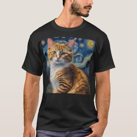 Starry Night Art mit Katze T-Shirt (Vorderseite)