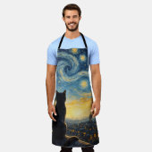 Starry Night Artistic Black Cat & Celestial Town  Schürze (Getragen)