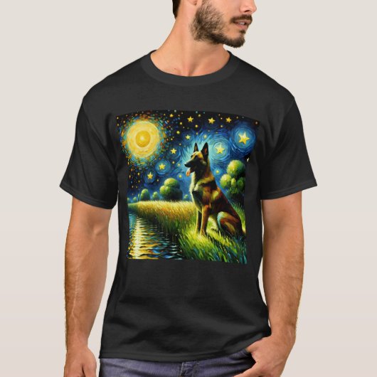 Starry Night Belgisch Malinois Dog Van Gogh Lover T-Shirt (Vorderseite)