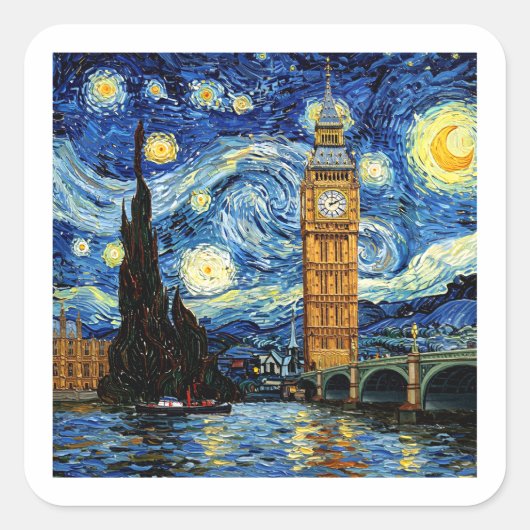 Starry Night Big Ben London England Quadratischer Aufkleber (Vorderseite)