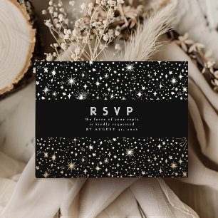 Starry Night Black and Gold Wedding RSVP Postkarte