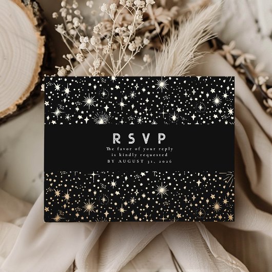 Starry Night Black and Gold Wedding RSVP Postkarte