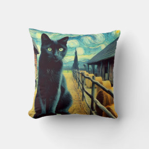Starry Night Black Cat Green Eyes Kissen