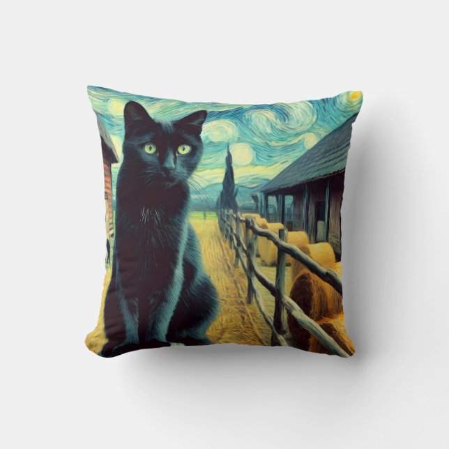 Starry Night Black Cat Green Eyes Kissen (Vorderseite)