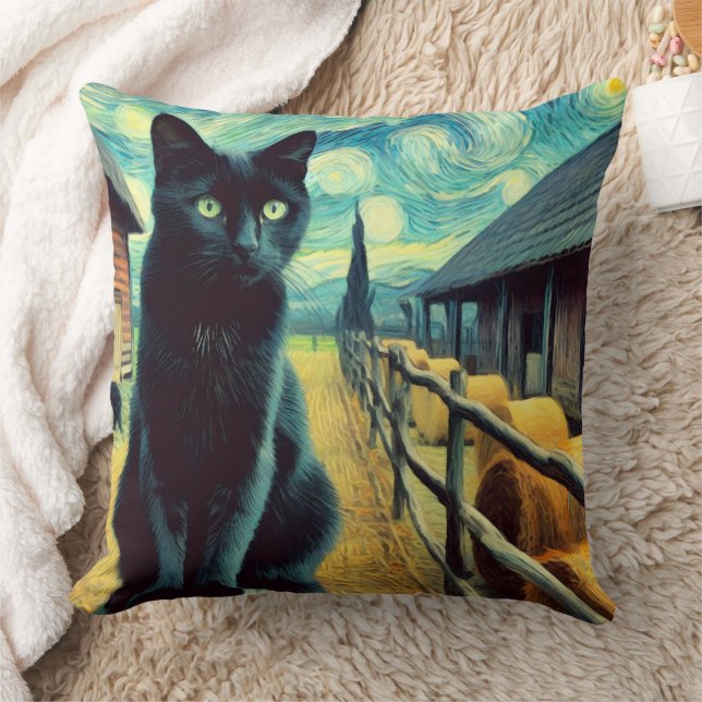 Starry Night Black Cat Green Eyes Kissen (Decke)