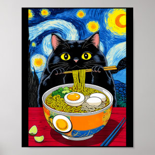 Starry Night Black Fat Cat Ramen Funny Black Fat C Poster