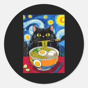 Starry Night Black Fat Cat Ramen Funny Black Fat C Runder Aufkleber